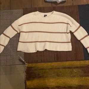 white/tan striped crochet sweater